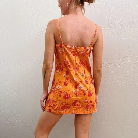 Vintage 90s/Y2K Orange Floral Babydoll Mini Dress - Picture 4 of 5